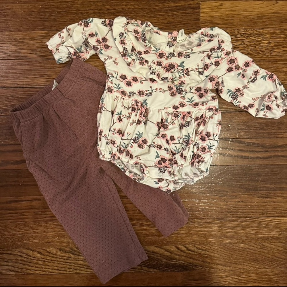 Kate Quinn bundle outfit floral bubble romper with wide leg pants 12-18 months